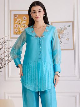 First Resort by Ramola Bachchan - Womens Blue Cotton Solid Top