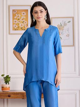 First Resort by Ramola Bachchan - Womens Blue Chanderi Solid Top