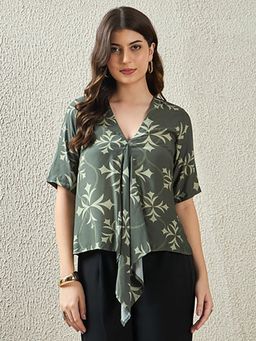 First Resort by Ramola Bachchan - Womens Olive Viscose Geometric Top