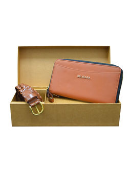 BELWABA - Women Vegan Leather Belt & Wallet Combo Gift Set - Tan