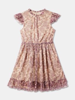 R&B - Floral Print Ruffled Sleeve Round Neck Knee Length Pink Dress