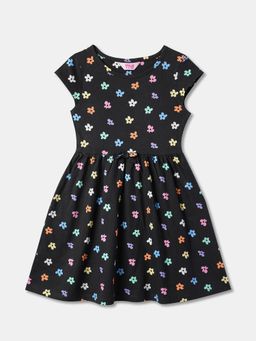 R&B - Floral Cap Sleeve Round Neck Fit and Flare Black Dress