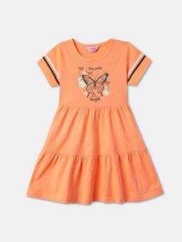 R&B - Graphic Print Half Sleeve Round Neck Tiered Orange Dress