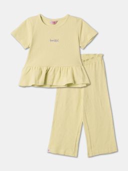 R&B - Yellow Solid Half Sleeve Ribbed Co-Ord Set for Girls