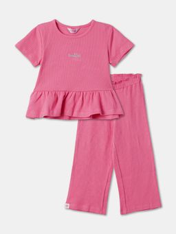 R&B - Pink Solid Half Sleeve Ribbed Co-Ord Set for Girls