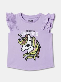 R&B - Cotton Regular Fit Ruffled Sleeve Round Neck Girls Top