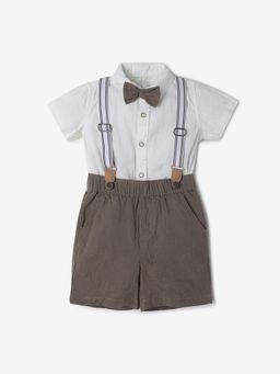 R&B - Cotton Regular Fit Half Sleeve Collar Neck Boys Shirt and Dungaree with Bow Tie