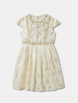 R&B - Floral Sequined Cap Sleeve Round Neck Fit and Flare Ivory Dress
