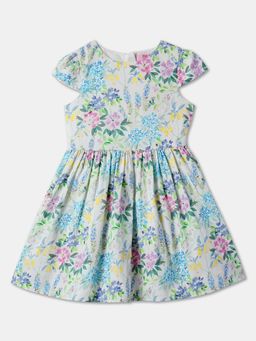 R&B - Floral Print Cap Sleeve Round Neck Fit and Flare White Dress