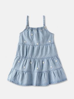 R&B - Embroidered Sleeveless Square Neck Tiered Light Blue Dress