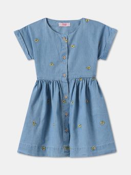 R&B - Floral Embroidered Half Sleeve Round Neck A-Line Blue Dress