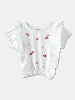 R&B - Cotton Floral Embroidered Half Sleeve Round Neck Girls Top