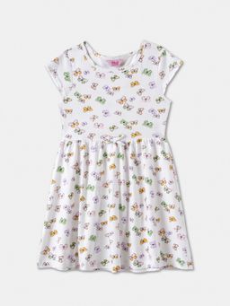 R&B - Butterfly Print Cap Sleeve Round Neck Flared White Dress