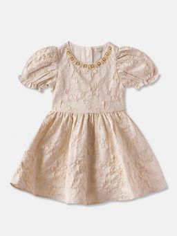 R&B - Floral Jacquard Puff Sleeve Round Neck Fit and Flare Beige Dress