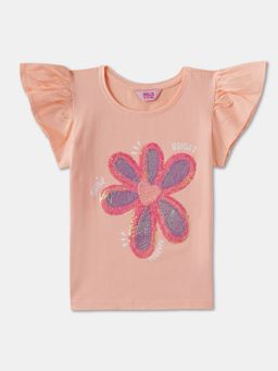 R&B - Cotton Regular Fit Ruffled Sleeve Round Neck Girls Top