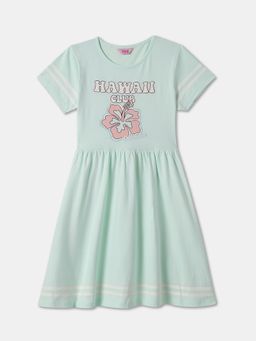 R&B - Graphic Print Half Sleeve Round Neck A-Line Light Blue Dress