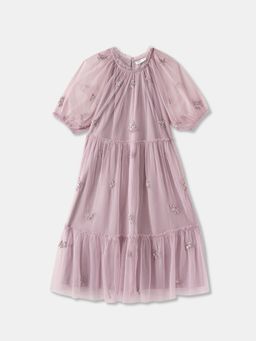 R&B - Embroidered Puff Sleeve Round Neck Midi Pink Dress