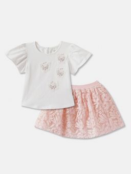 R&B - Floral Embroidered Half Sleeve Cotton Top and Skirt Girls Set
