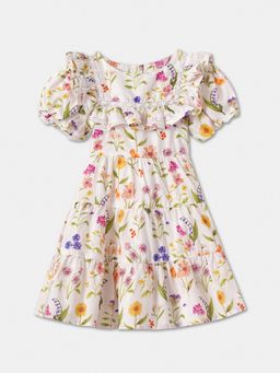 R&B - Floral Print Puff Sleeve Round Neck Regular Dress