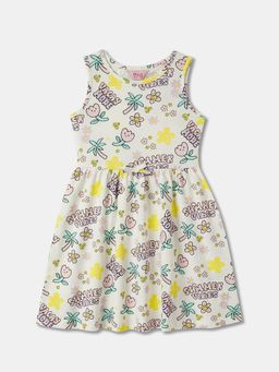 R&B - Floral Print Sleeveless Round Neck Knee Length White Dress