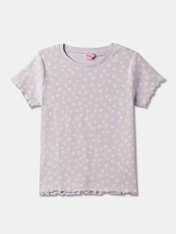R&B - Ribbed Floral Regular Fit Half Sleeve Round Neck Girls T-shirt