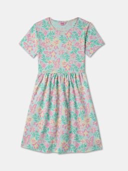 R&B - Floral Printed Half Sleeve Round Neck Knee Length Blue Dress