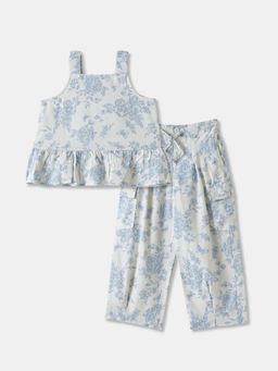 R&B - Floral Print Sleeveless Cotton Ruffled Co-Ord Set for Girls