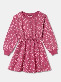 R&B - Floral Print Full Sleeve Round Neck A-Line Pink Dress