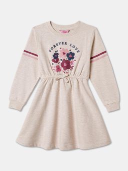 R&B - Floral Print Full Sleeve Crew Neck A-Line Beige Dress