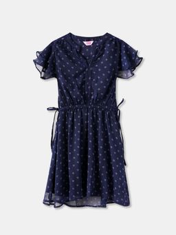 R&B - Floral Print Ruffled Sleeve V-Neck A-Line Navy Blue Dress