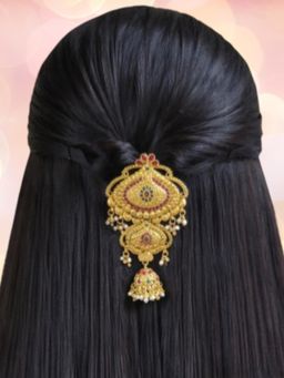 OOMPH - Gold Ethnic Hair Bun Pin Juda Pin - Kempu Stones With Jhumki Tassels
