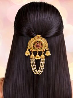 OOMPH - Gold Ethnic Hair Bun Pin Juda Pin - Beads Layerd With Jhumki Tassels