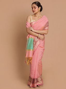 Indethnic - Banarasi Lavendar Stripes Daily Wear Saree With Unstitched Blouse