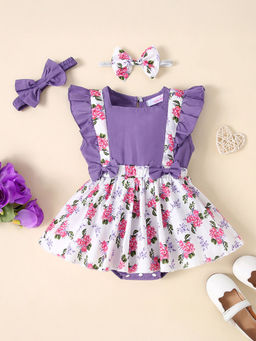 Hopscotch - Girls Lavender and White Floral Print Ruffle Embellished Onesies (3-6 Months)