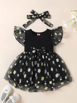 Hopscotch - Girls Black Floral Print Casual Dress with Headband (0-3 Months)