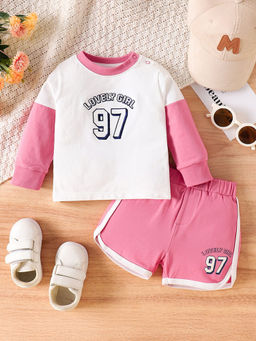 Hopscotch - Girls Fuchsia & White Text Print Drop-Shoulder Sleeve T-shirt & Shorts Set (6-12 Months)