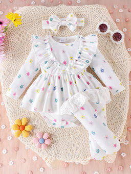 Hopscotch - White Floral Print Full-Sleeve Onesie with Headband & Pair of Stockings (0-3 Months)