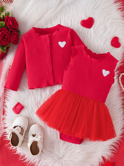 Hopscotch - Girls Fuchsia and Red Heart Embroidered Sleeveless Casual Dress with Jacket (0-3 Months)