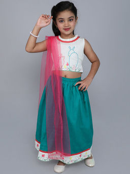 Hopscotch - Girls White & Green Rabbit Blouse & Lehenga Ethnic Set with Dupatta (3-6 Months)