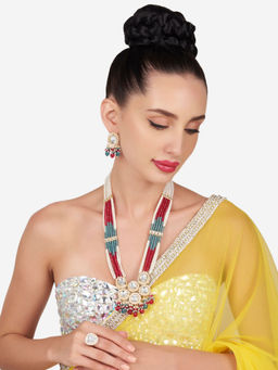 Zaveri Pearls - Pink Grey Multistrand Kundan Bridal Necklace Earring Ring Set-Zpfk15900