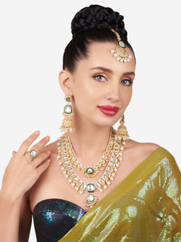 Zaveri Pearls - Green Meenakari Kundan Necklace Earring Maangtikka and Ring Set-Zpfk16094