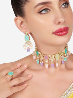 Zaveri Pearls - Multicolor Beads Kundan Choker Necklace Earring and Ring Set-Zpfk16117