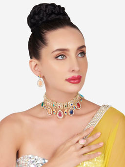Zaveri Pearls - Multicolor Stones Kundan Choker Necklace Earring and Ring Set-Zpfk16118