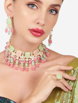 Zaveri Pearls - Pink Green Stones Kundan Choker Necklace Earring and Ring Set-Zpfk16119