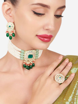 Zaveri Pearls - Multicolor Stones Kundan Choker Necklace Earring and Ring Set-Zpfk16124