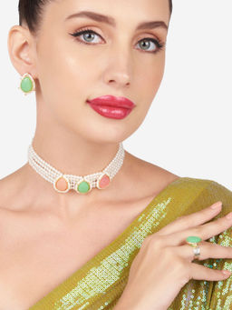 Zaveri Pearls - Green Pink Multistrand Pearls Choker Necklace Earring Ring Set-Zpfk16125