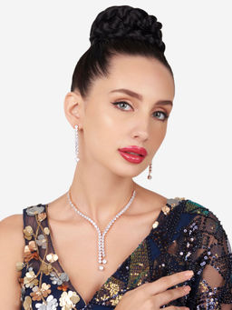 Zaveri Pearls - Rose Gold Cubic Zirconia Party Lariat Necklace and Earring Set-Zpfk16146