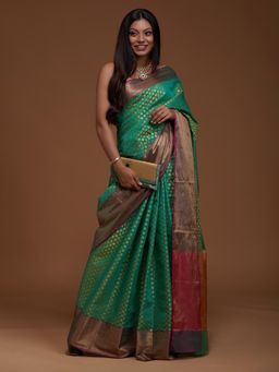 Koskii - Rama Green Zari Work Art Silk Saree with Unstitched Blouse