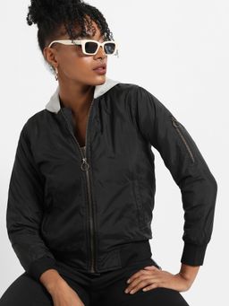 Campus Sutra - Womens Black Zip Front Bomber Jacket With Contrast Hood