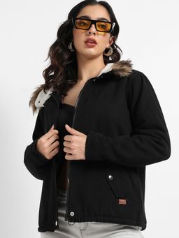 Campus Sutra - Womens Black Zip Front Jacket With Fur Details